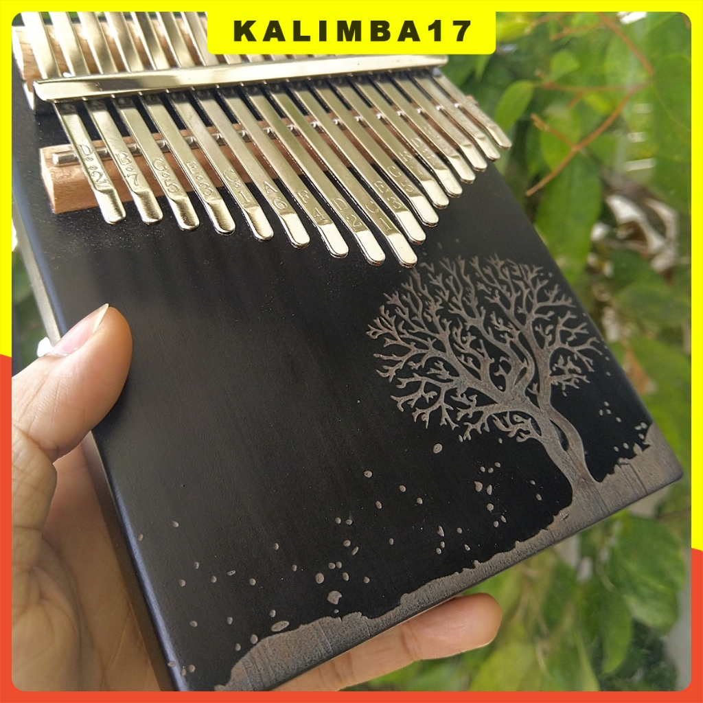 Đàn Kalimba 17 phím khắc cây KL34, Kalimba giá rẻ màu đen tặng kèm búa chỉnh âm