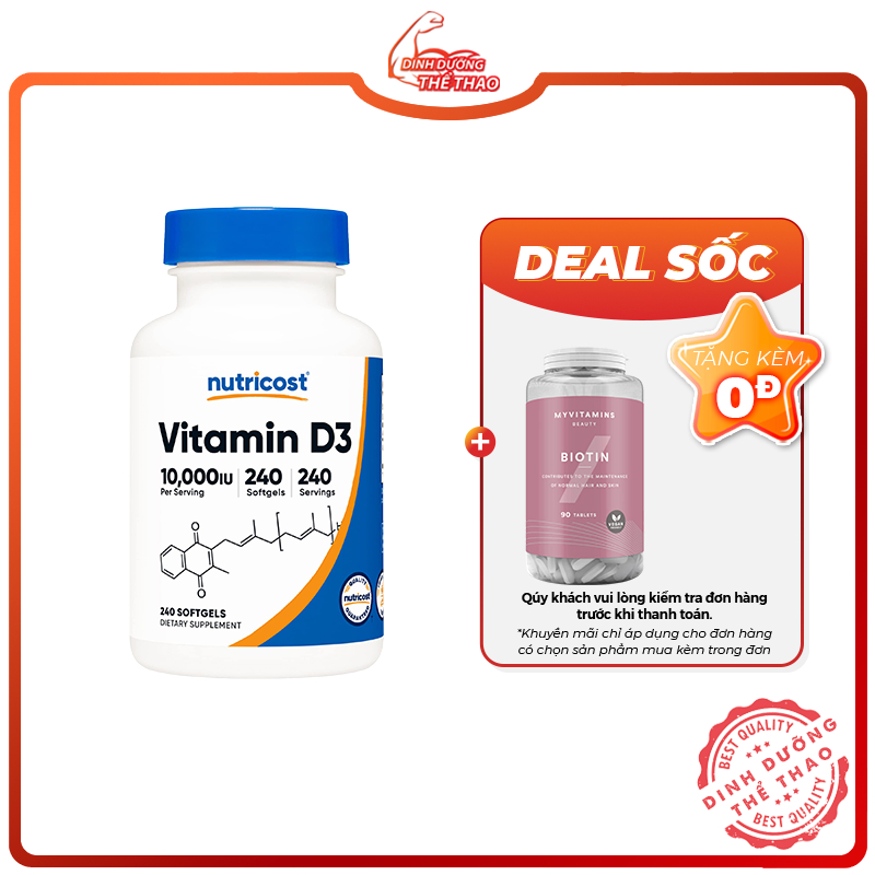 Viên Uống Bổ Sung Vitamin D3 Nutricost Vitamin D3 10.000IU 240 Viên
