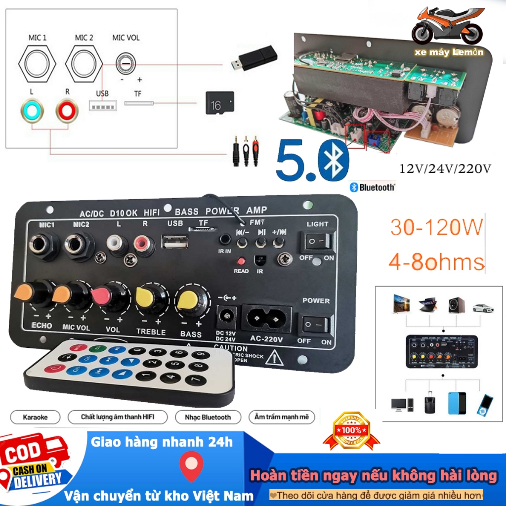 Mạch loa D10 2 mic khuếch đại âm thanh 120w  bluetooth 5.0 Karaoke mạch dàn karaoke