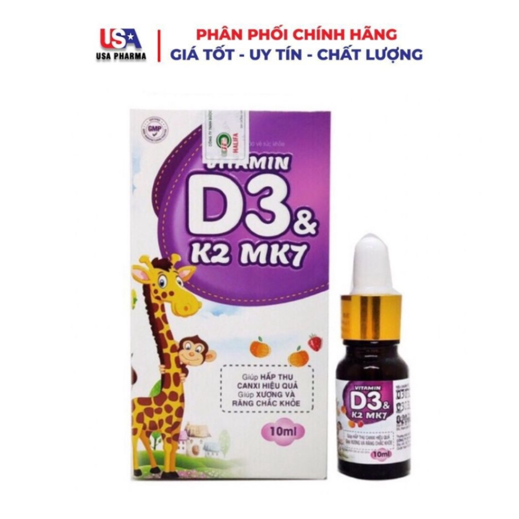Vitamin D3 K2 Mk7 nhỏ giot giúp bé hấp thụ tăng trưởng chiều cao, cân nặng, chống còi xương, Suy dinh dưỡng - lọ 10ml