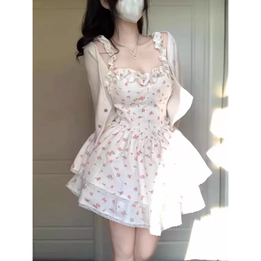 Set đầm voan thiết kế 2 dây váy xòe tiểu thư công chúa, có kèm khoác gân ngoài cho các tình yêu