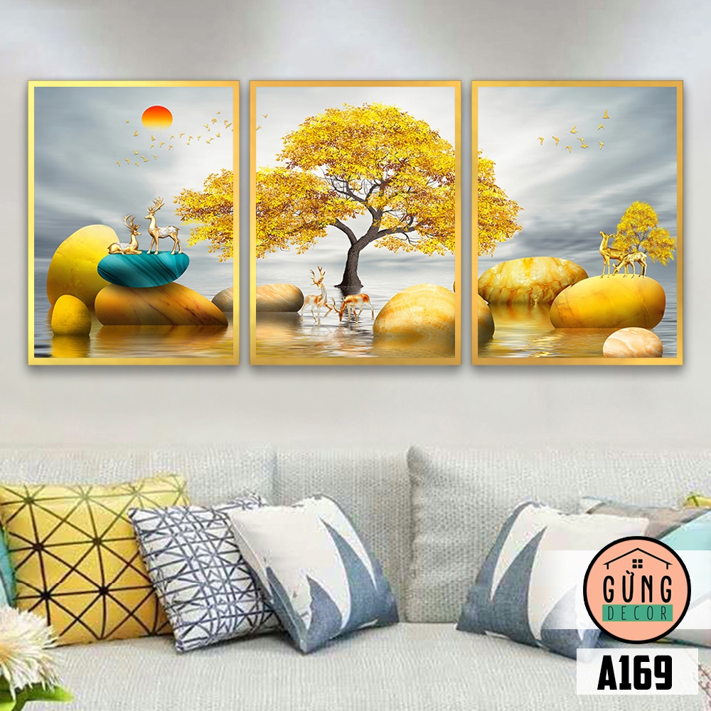 Bộ 3 Tranh Treo Tường Có Khung(dày 2cm), Tranh Dán Tường Không Khung(dày 5mm) Phong Cảnh Vàng Ánh Kim (Mã A169).