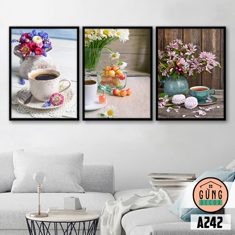 Bộ 3 Tranh Treo Tường Có Khung(dày 2cm), Tranh Dán Tường Không Khung(dày 5mm) Cafe Thư Giãn (Mã A242). Trang Trí