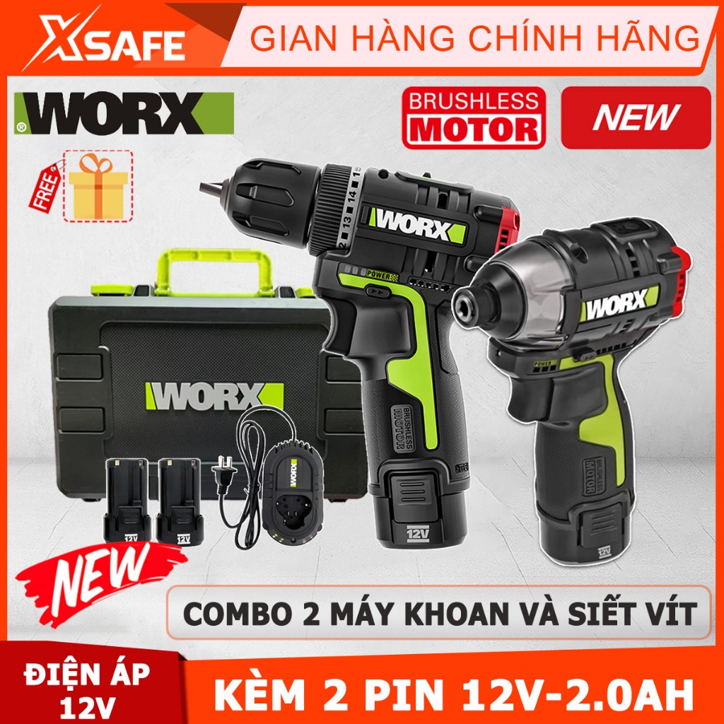 Combo máy khoan và máy siết vít pin 12V WORX WU920X motor từ không chổi than mạnh mẽ, bền bỉ, lực khoan và siết mạnh