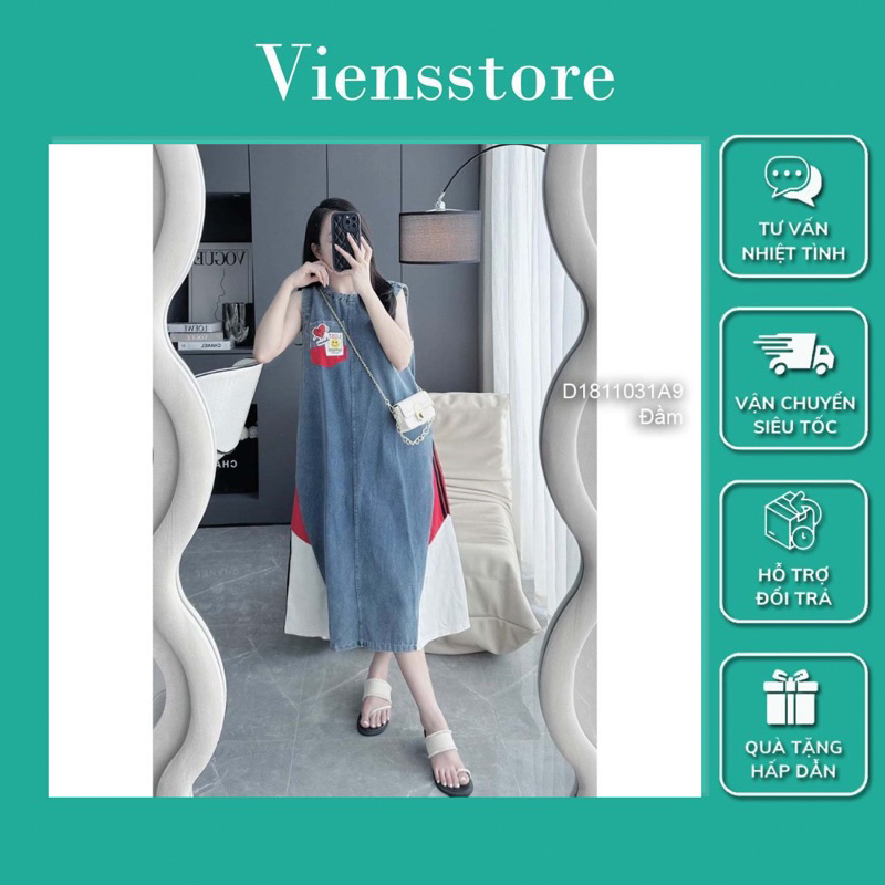 Đầm suông jean sát nách 1 túi phối hình mặt cười cá tính VIENS STORE