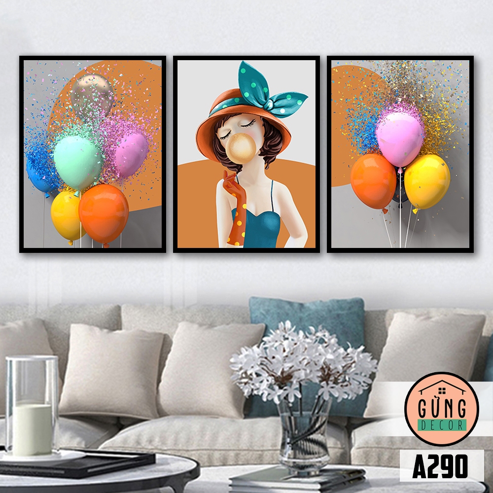 Bộ 3 Tranh Treo Tường Có Khung(dày 2cm), Tranh Dán Tường Không Khung(dày 5mm) Cô Gái (Mã A290). Trang Trí