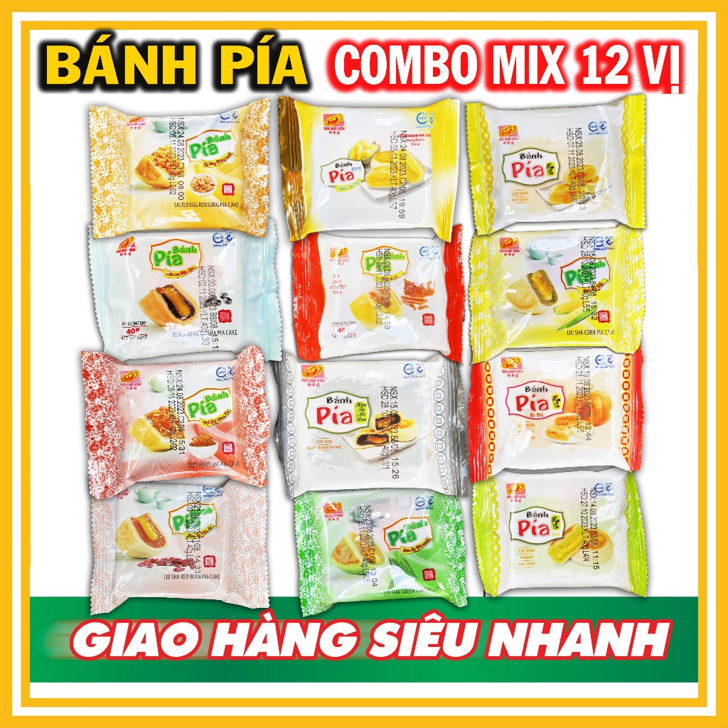 Combo 12 Bánh Pía Kim Sa Mix 12 vị TÂN HUÊ VIÊN - Đặc Sản Sóc Trăng - Bánh Pía Vũng Thơm 40g/cái