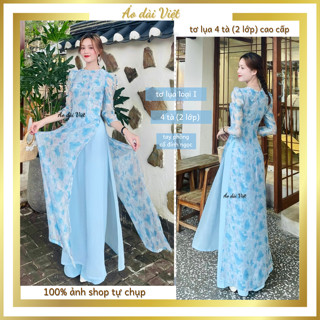 Áo dài 4 tà 2025 hoa màu xanh tay phồng cổ tròn đính ngọc truyền thống giáo viên công sở may sẵn tơ lụa cao cấp