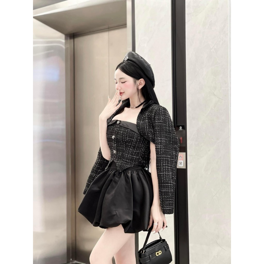 BIGSIZE HIẾU HIẾU  - Set 3 món dạ thu đông áo cúp vạc nhọn + áo khoác tay dài + chân váy cúp bí