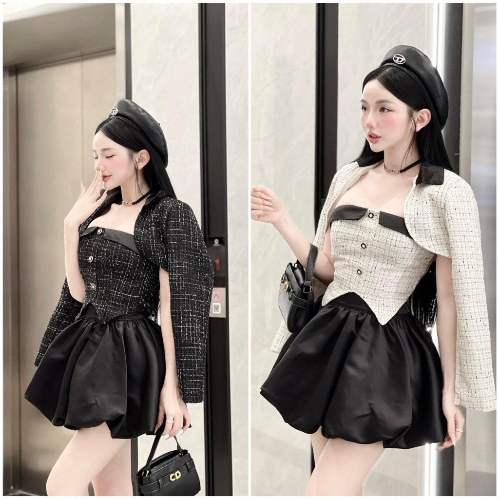 BIGSIZE HIẾU HIẾU  - Set 3 món dạ thu đông áo cúp vạc nhọn + áo khoác tay dài + chân váy cúp bí