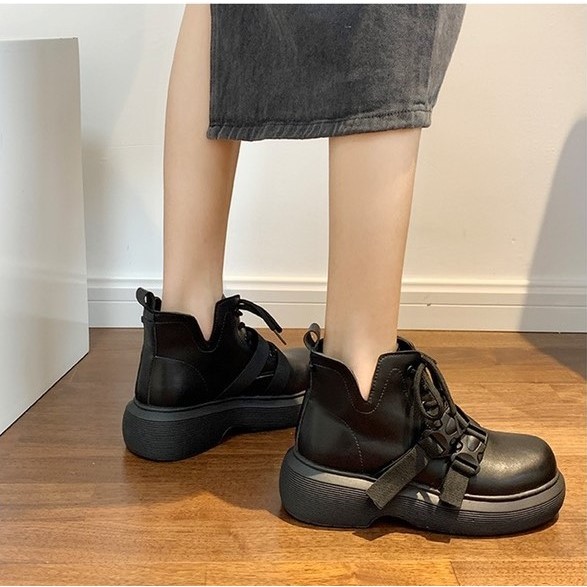 Giày bốt nữ cổ lửng AiRi độn đế 5cm chất liệu da siêu đẹp phong cách thời trang mẫu mới đi học đi chơi