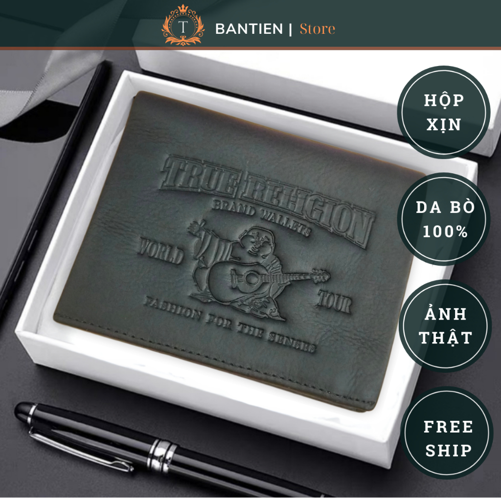 Ví Da Nam Ông Địa Gập Đôi, Bóp Nam Da Bò 100% Màu Đen Đứng Bề Mặt Sáp Phong Cách Vintage