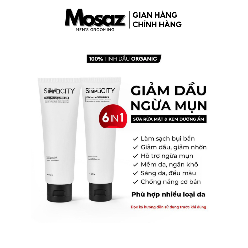Bộ sản phẩm chăm sóc da làm sạch & bảo vệ toàn diện cho nam Men Stay Simplicity Sữa rửa mặt, Kem dưỡng ẩm