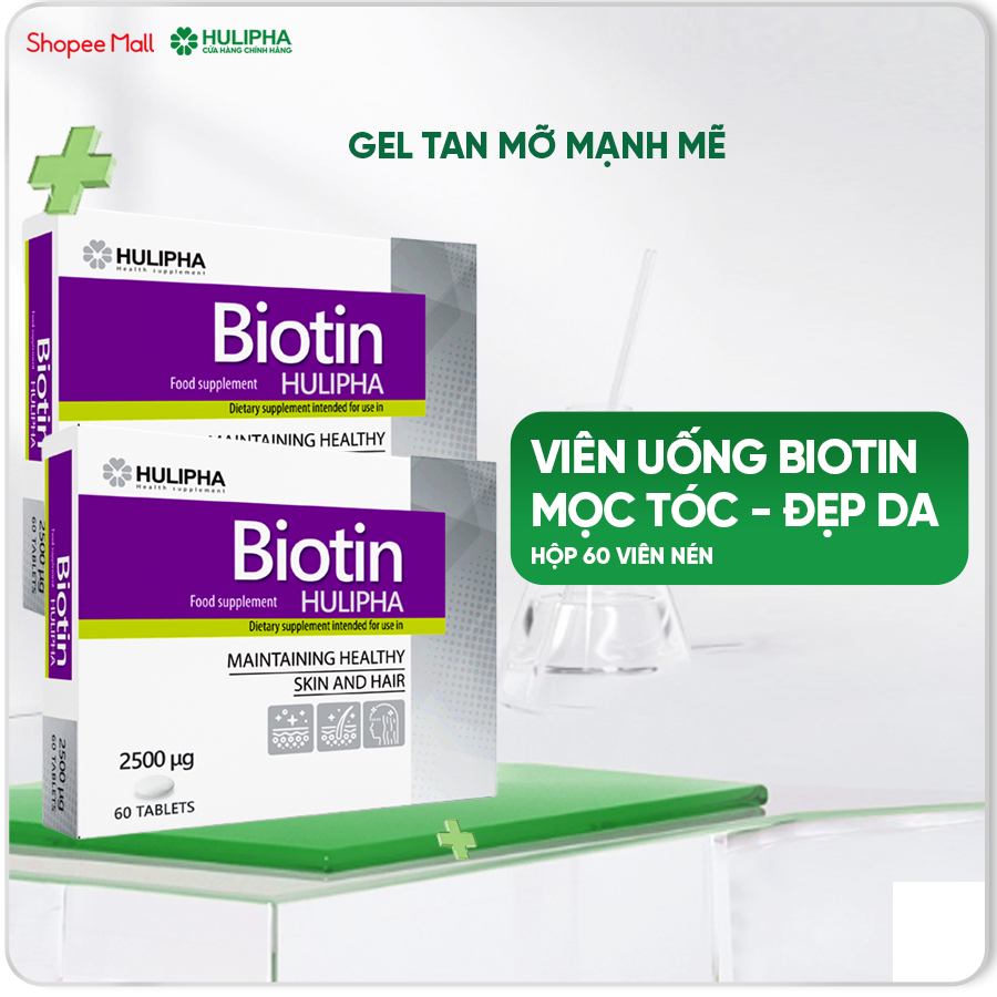 Viên Uống Bổ Sung Hulipha Biotin (Vitamin H), Tốt Cho Da, Móng Và Tóc, Giúp Giảm Gãy Rụng Tóc, Mọc Tóc Nhanh, Hộp 60 Vên