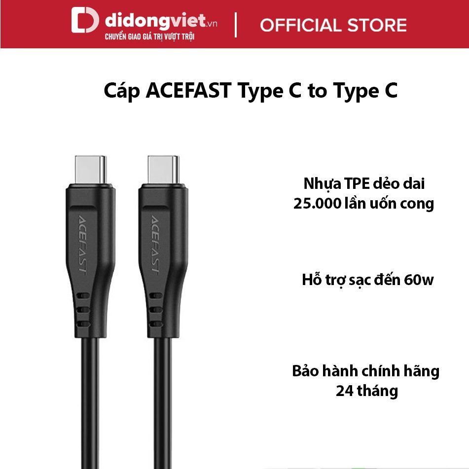 Cáp ACEFAST Type C to Type C (1.2m) - C3-03 Chính hãng - Nhựa TPE dẻo dai, Công suất sạc đến 60w, Bảo hành 18 tháng