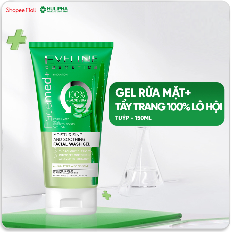 Gel Rửa Mặt Và Tẩy Trang Lô Hội Face Med+ EVELINE Làm Sạch Bụi Bẩn, Dưỡng Ẩm Cho Da Kích Ứng 150ml