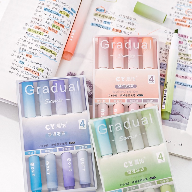 Bút Highlight Hikoma Set Bút 4 màu Bút đánh dấu highlight Ngòi Mềm Màu Gradient Color