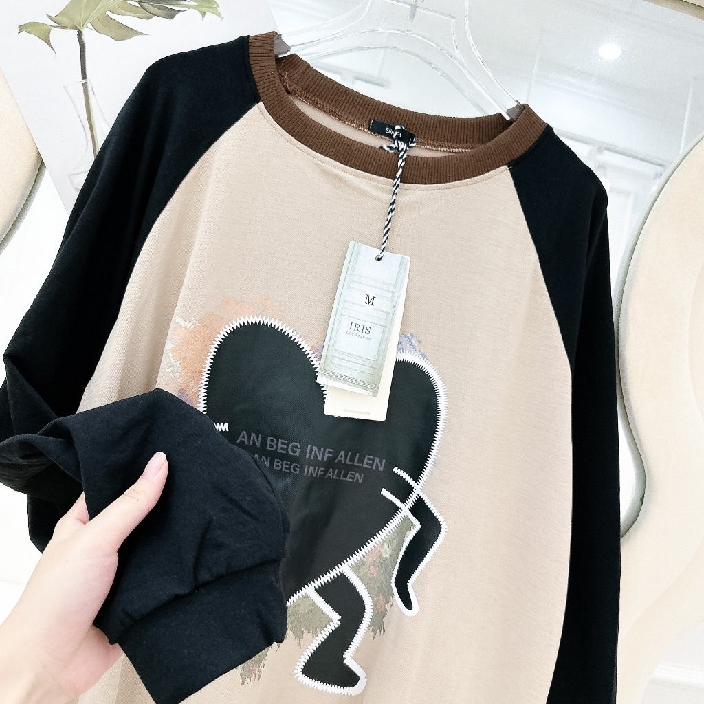 Áo Thun Tay Phối Màu In Hình Trái Tim 🦋 Áo Nữ Cổ Tròn Dáng Thụng Dài Tay 🦋