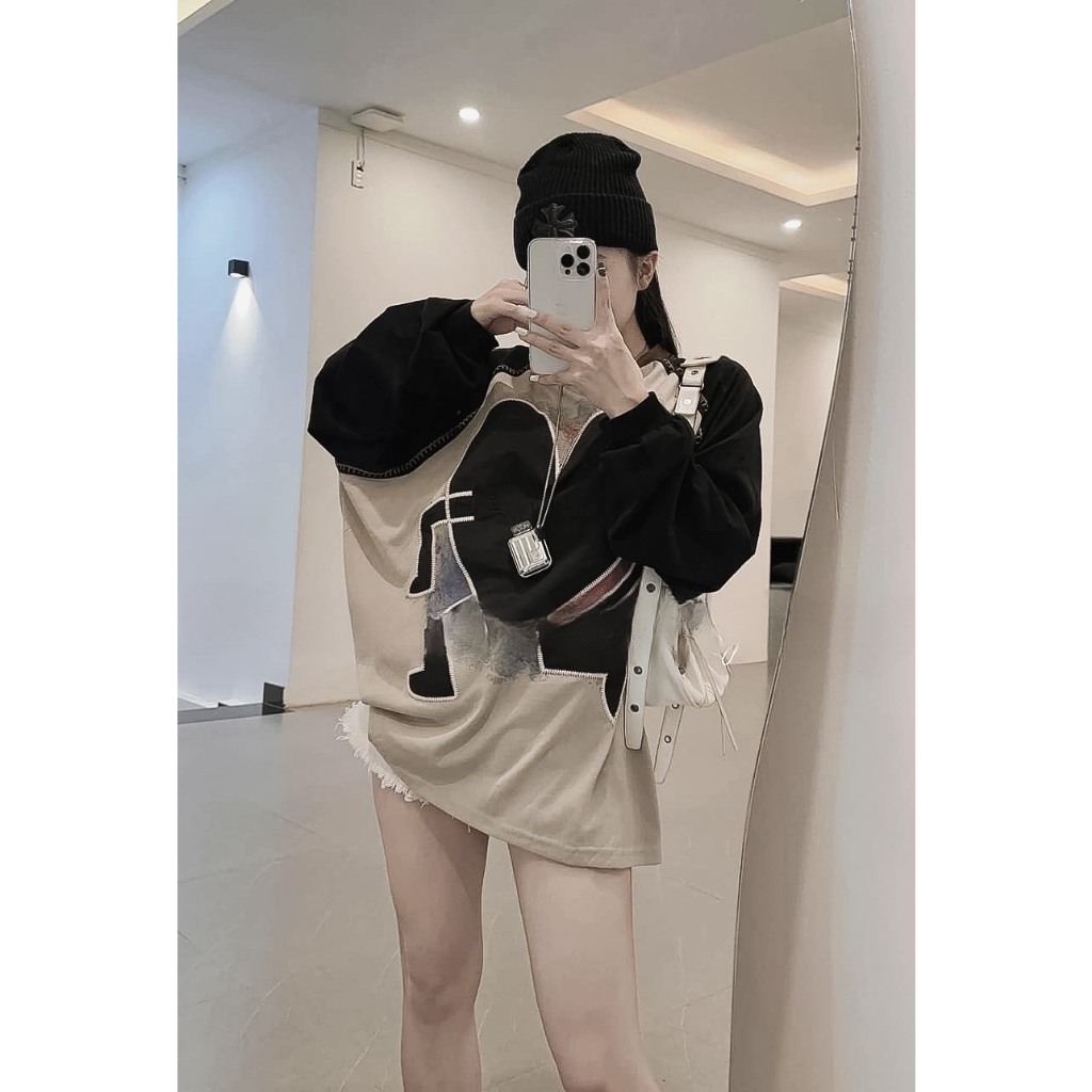 Áo Thun Tay Phối Màu In Hình Trái Tim 🦋 Áo Nữ Cổ Tròn Dáng Thụng Dài Tay 🦋