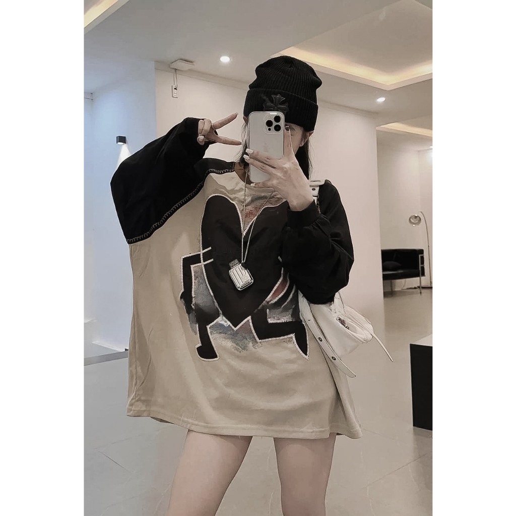 Áo Thun Tay Phối Màu In Hình Trái Tim 🦋 Áo Nữ Cổ Tròn Dáng Thụng Dài Tay 🦋