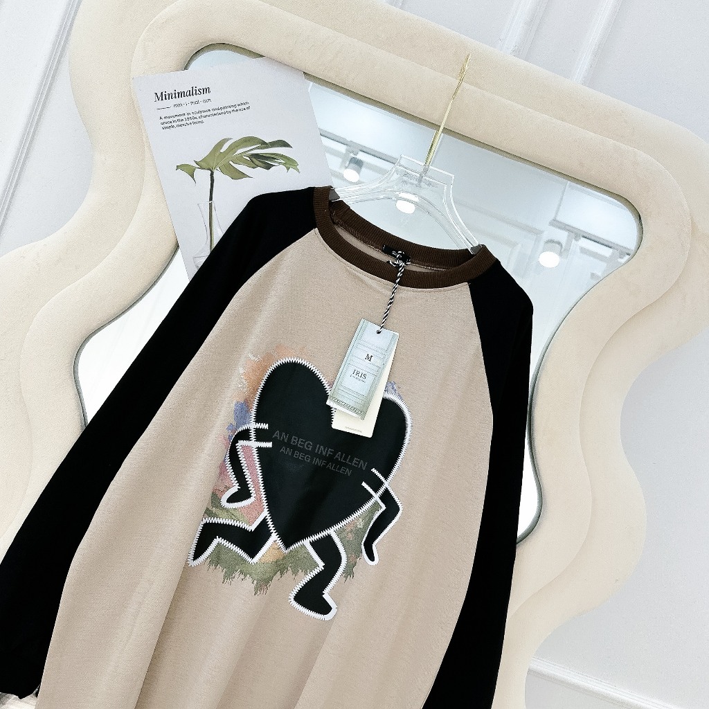 Áo Thun Tay Phối Màu In Hình Trái Tim 🦋 Áo Nữ Cổ Tròn Dáng Thụng Dài Tay 🦋