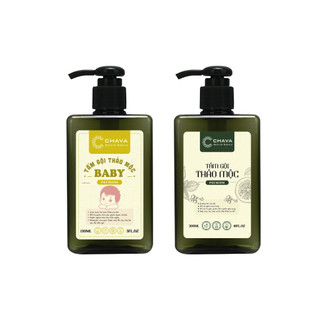 Combo Chai tắm gội + Tắm gội Baby CHAVA Natural Thảo Mộc Premium, Kháng khuẩn, Làm Dịu Da 300ml, 150ml