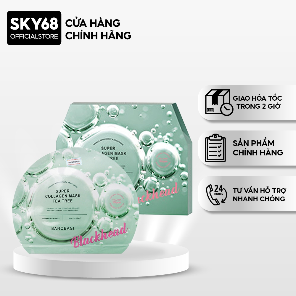 Hộp 10 Mặt Nạ BANOBAGI Giảm Mụn Đầu Đen Super Collagen Mask 30ml x10 - SUPER Tea Tree