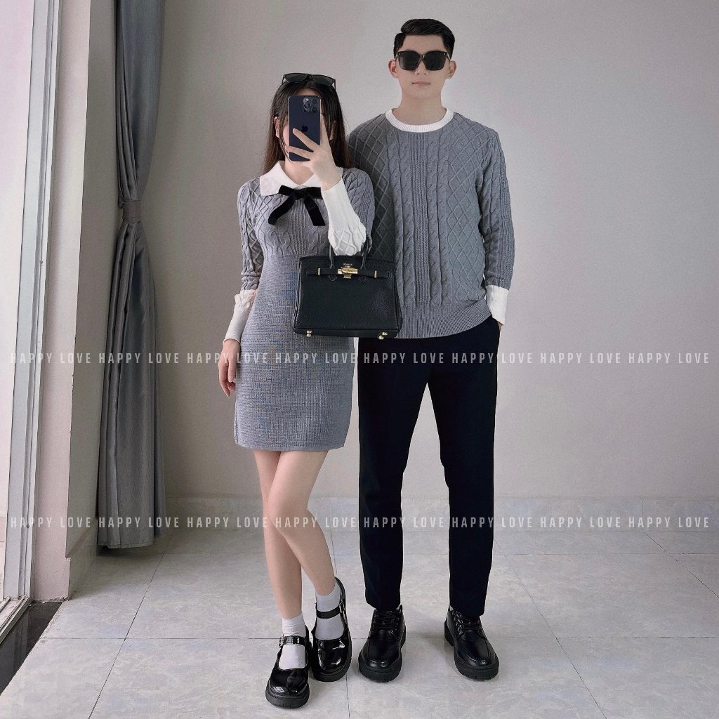 Đồ đôi nam nữ thu đông set couple áo len nam đầm nữ ngắn ôm body màu ghi xám tặng nơ cài xinh xắn HAPPYLOVE H140