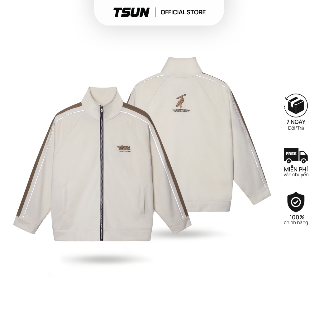 Áo Khoác Nỉ TSUN Track Jacket - [UNISEX] - Kem - Thêu, Phồi Line Phản Quang