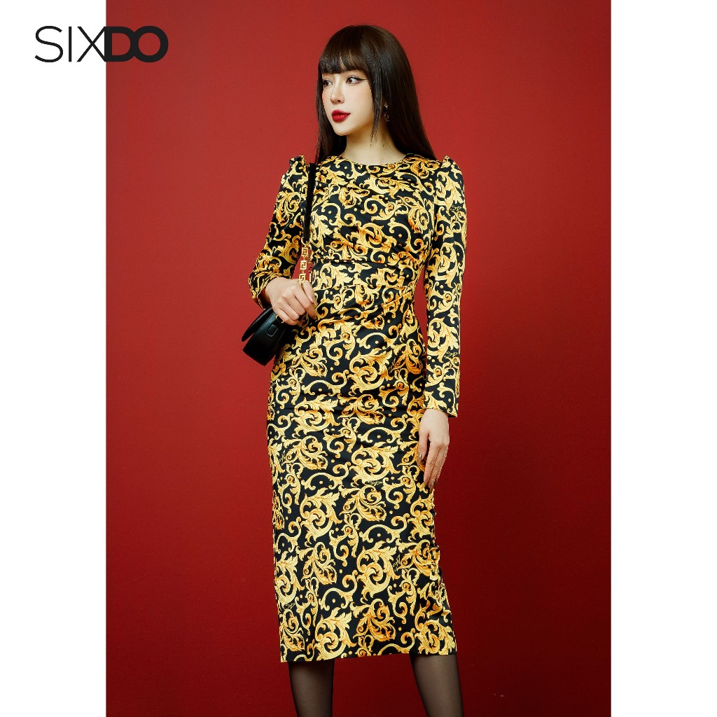 Đầm lụa ôm dài tay họa tiết Baroque SIXDO (Black Baroque Print Split-back Midi Silk Dress)