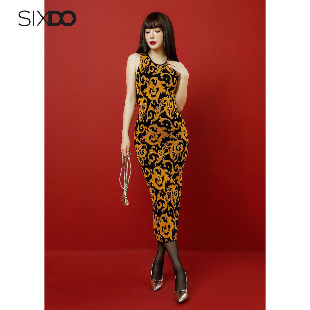 Đầm midi len sát nách họa tiết Baroque SIXDO (Black Baroque Print Sleeveless Midi Knit Dress)