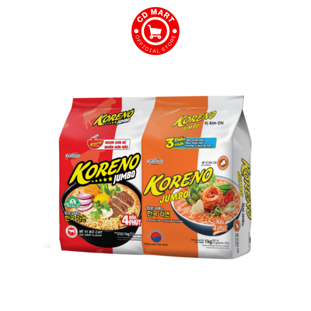 Bịch 10 gói mì Hàn Quốc Koreno Jumbo 100G (vị bò cay/ vị kim chi)