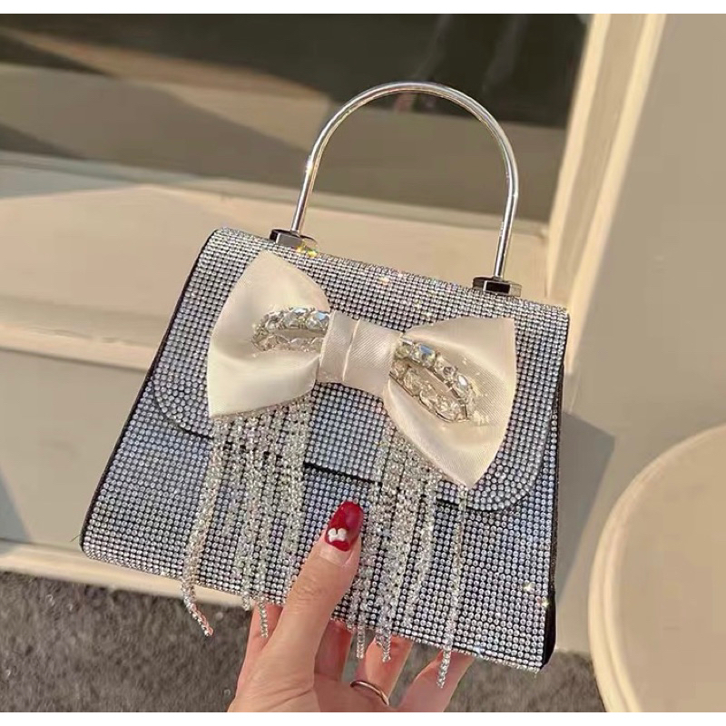 ORDER 🎀 Túi xách đính đá bling nơ đen quai cầm tay dây xích đeo vai