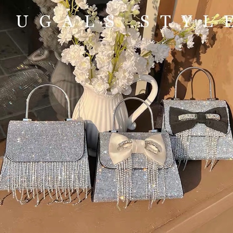 ORDER 🎀 Túi xách đính đá bling nơ đen quai cầm tay dây xích đeo vai
