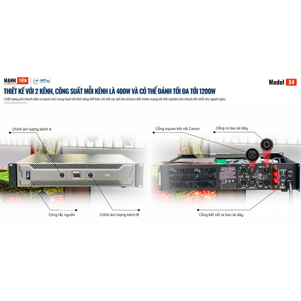 Cục Đẩy Công Suất X4 Đánh Được Cặp Loa Full Bass 25, Công Suất 400W/Kênh Sử Dụng Hát Karaoke, Nghe Nhạc