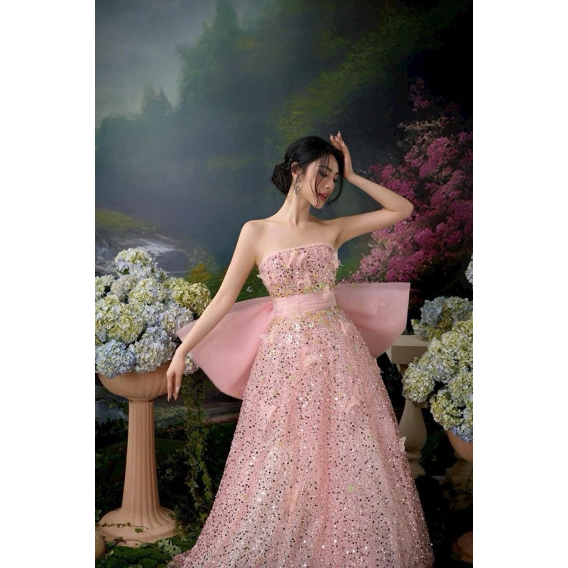 Đầm maxi TRIPBLE T DRESS xoè lưới kim sa phối nơ lưng siêu to rất đẹp - size S/M/L