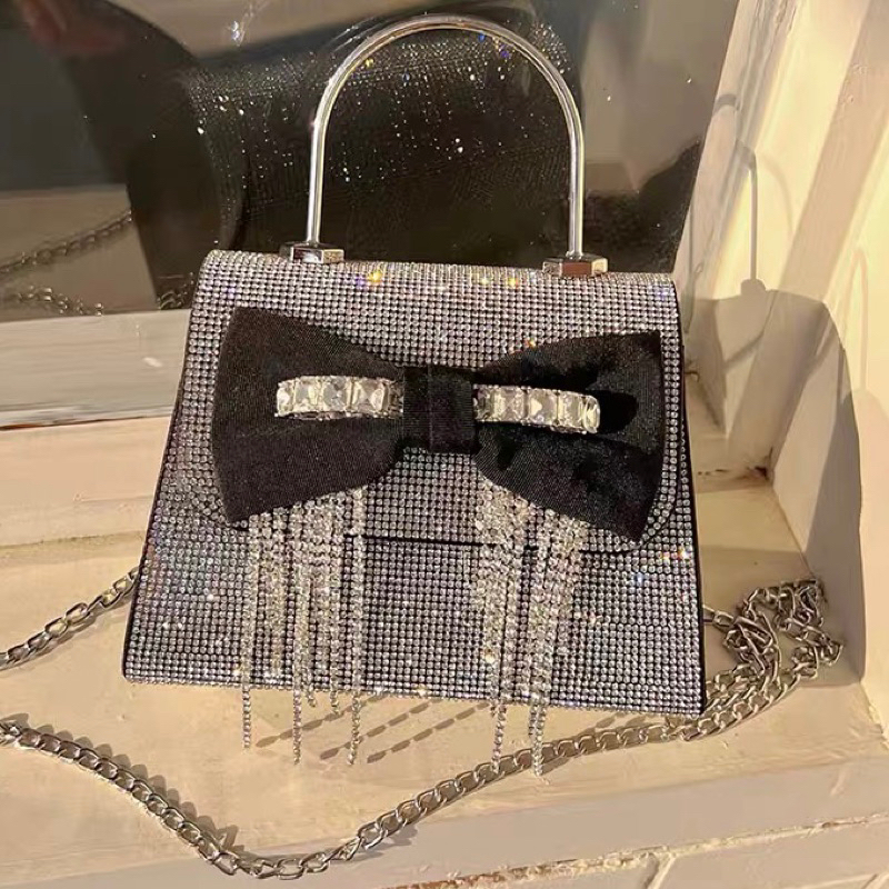 ORDER 🎀 Túi xách đính đá bling nơ đen quai cầm tay dây xích đeo vai