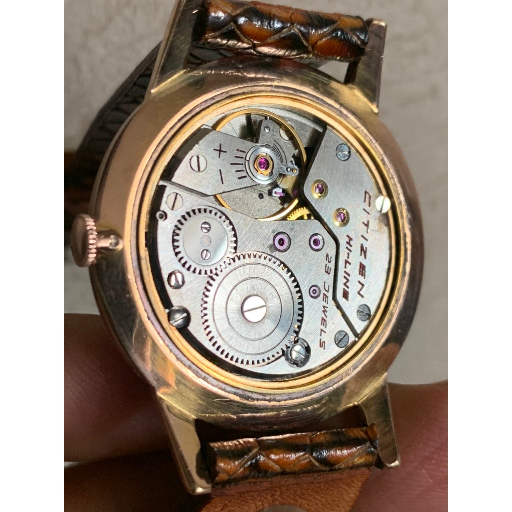 Đồng hồ nam Citizen Cice cơ cót 23 jewels, bọc vàng toàn thân, vàng hồng, dây da của Nhật