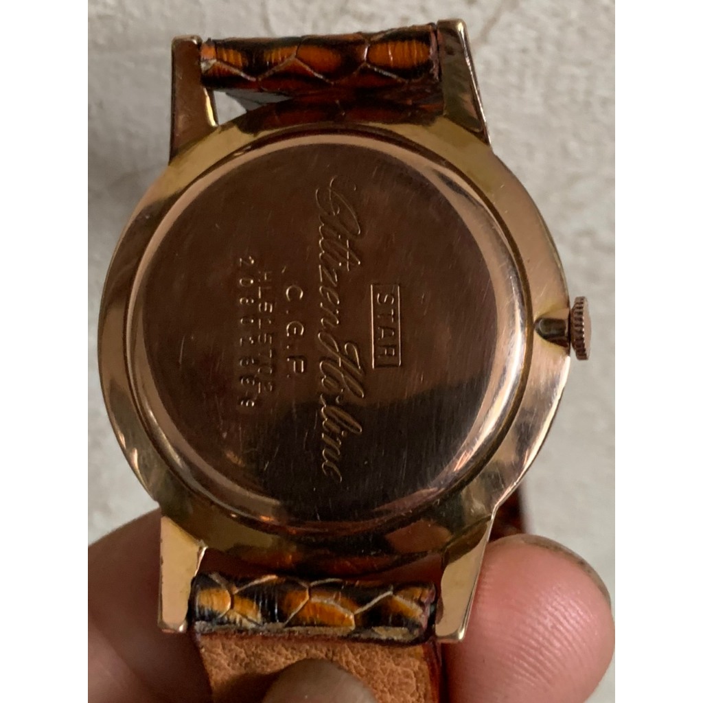 Đồng hồ nam Citizen Cice cơ cót 23 jewels, bọc vàng toàn thân, vàng hồng, dây da của Nhật