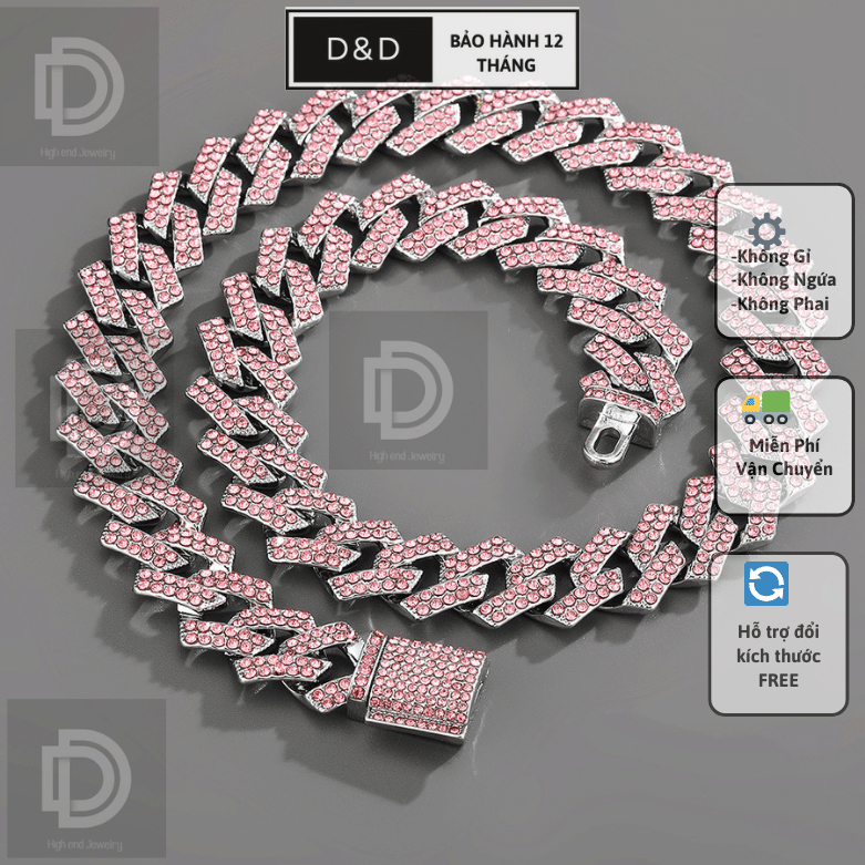 Bộ trang sức D&D Cuban 14mm 2023 Phong cách Hip Hop Cá Tính và Mạnh mẽ, Bạc Pha Đính Đá Nhân Tạo CZ Không Đen, k Dị Ứng
