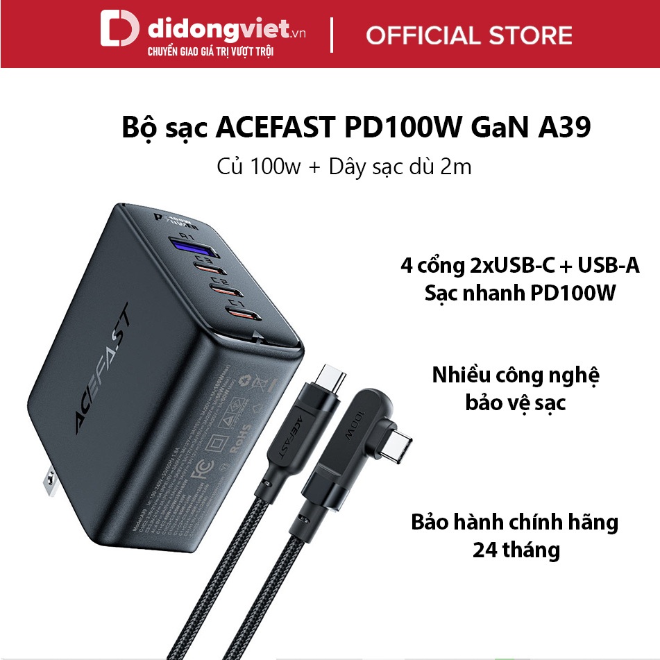 Bộ sạc ACEFAST PD100W GaN (3*USB-C+USB-A) A39 (Củ 100w + dây sạc dù 2m) Chính hãng - Sạc nhanh PD100W GaN, BH 2 năm