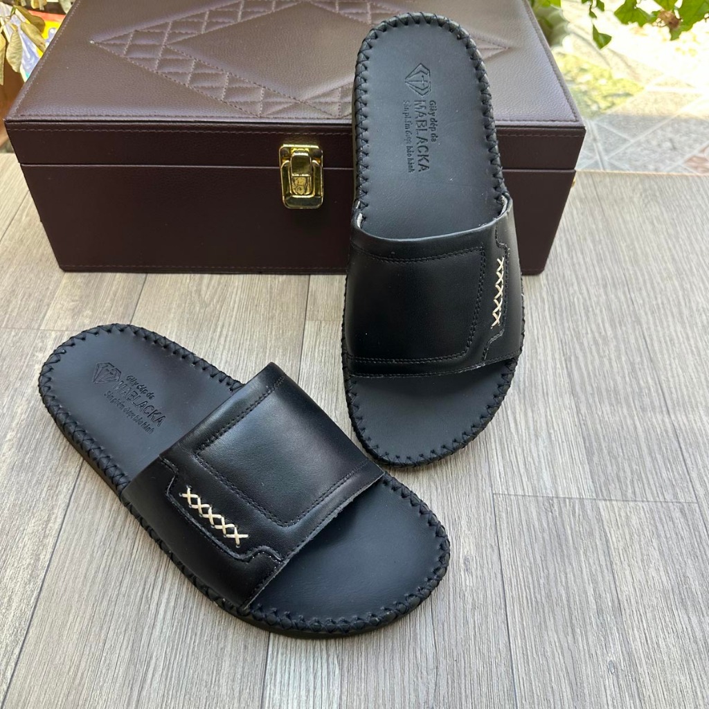 Dép nam quai ngang da bò thật MABLACKA - D304