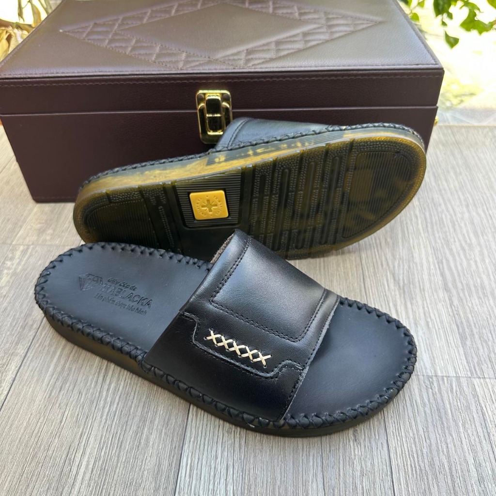 Dép nam quai ngang da bò thật MABLACKA - D304