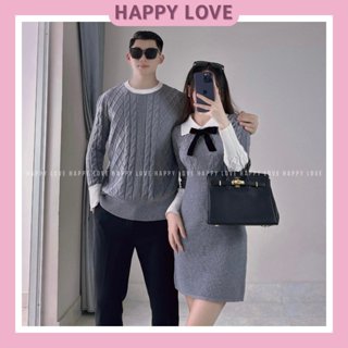  Đồ đôi nam nữ thu đông set couple áo len nam đầm nữ ngắn ôm body màu ghi xám tặng nơ cài xinh xắn HAPPYLOVE H140 
