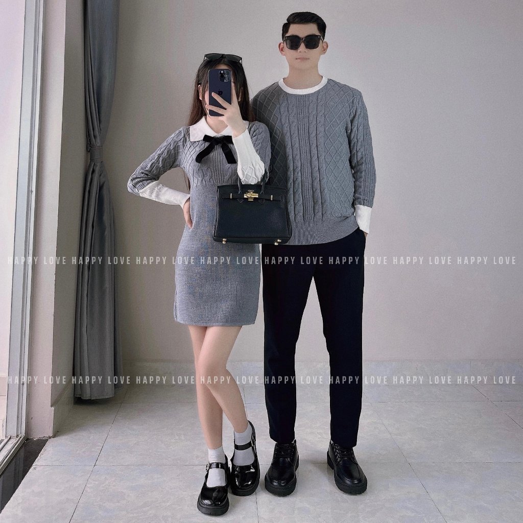 Đồ đôi nam nữ thu đông set couple áo len nam đầm nữ ngắn ôm body màu ghi xám tặng nơ cài xinh xắn HAPPYLOVE H140
