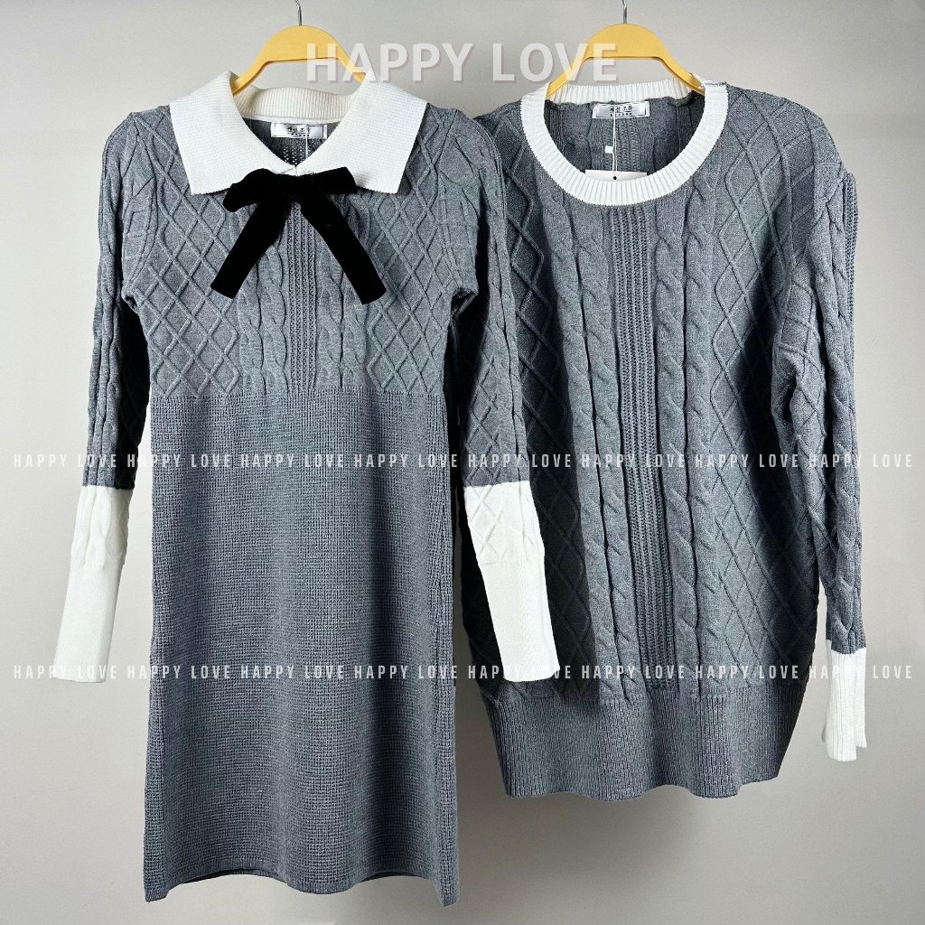Đồ đôi nam nữ thu đông set couple áo len nam đầm nữ ngắn ôm body màu ghi xám tặng nơ cài xinh xắn HAPPYLOVE H140