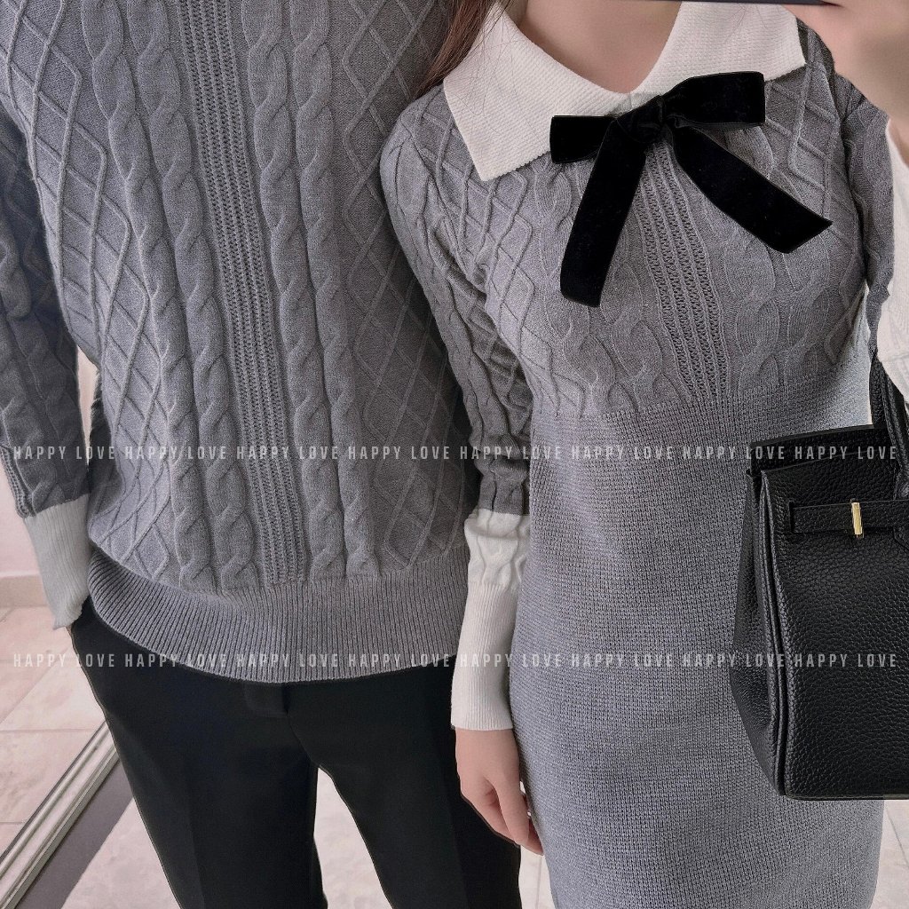 Đồ đôi nam nữ thu đông set couple áo len nam đầm nữ ngắn ôm body màu ghi xám tặng nơ cài xinh xắn HAPPYLOVE H140