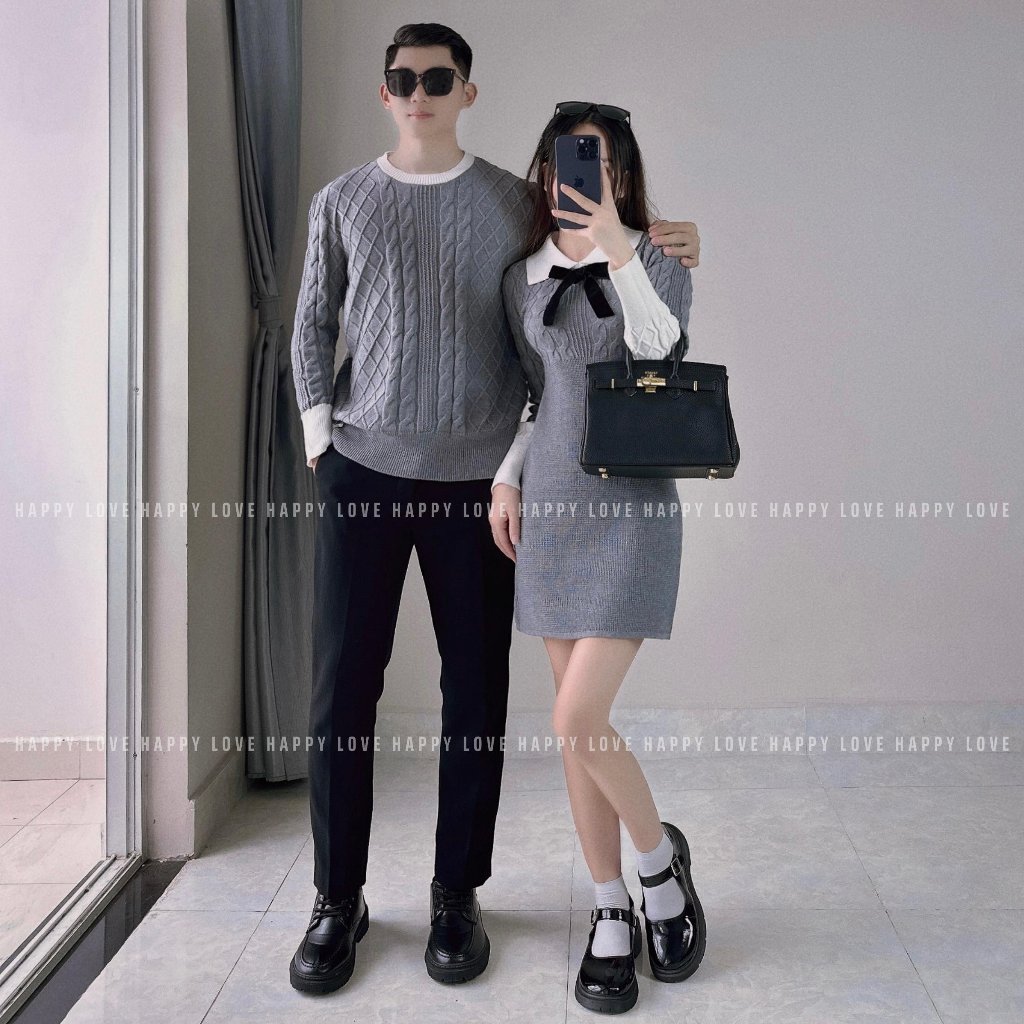 Đồ đôi nam nữ thu đông set couple áo len nam đầm nữ ngắn ôm body màu ghi xám tặng nơ cài xinh xắn HAPPYLOVE H140