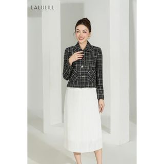 Áo khoác dáng suông lalulill cổ bẻ dạ tweed đen kẻ trắng lak2318103