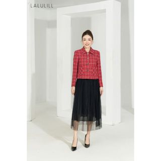 Áo khoác dáng suông lalulill cổ bẻ dạ tweed đỏ kẻ đen lak2318101